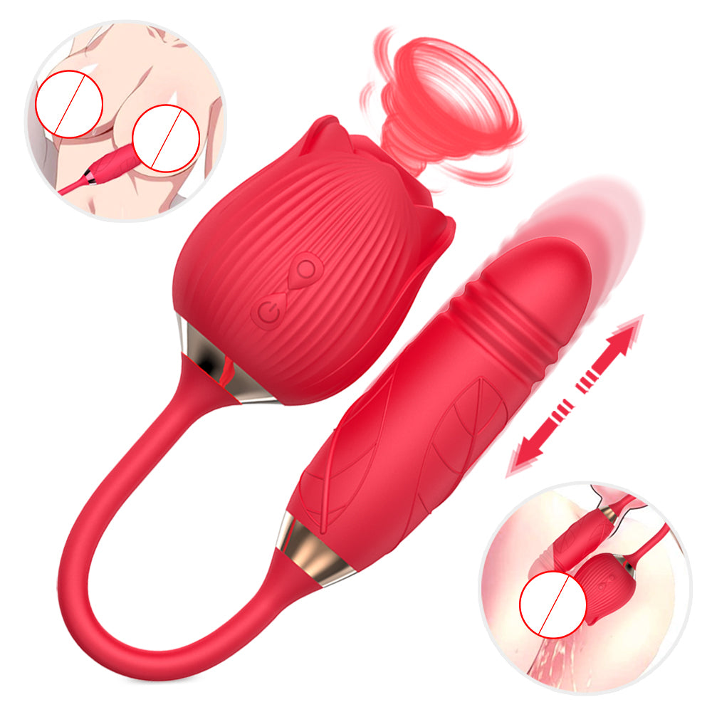 Rose Shaped Vibrator w/ Clitoral Suction and thrusting vibrating attachment | Red Room Fantasies