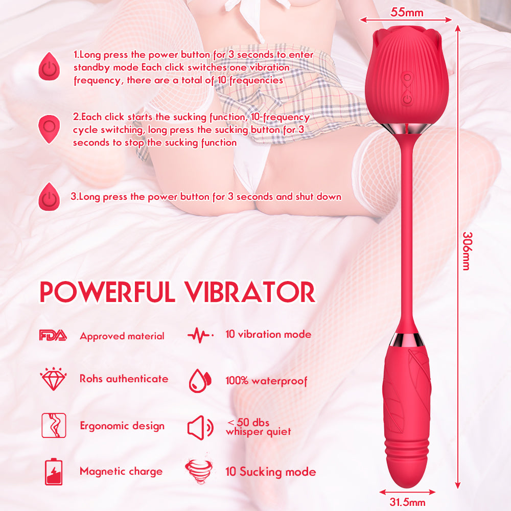 Rose Shaped Vibrator w/ Clitoral Suction and thrusting vibrating attachment | Red Room Fantasies